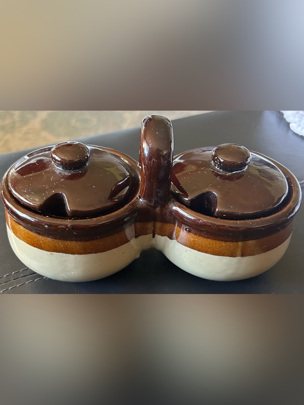 Vintage Double Ceramic Condiment Server in Brown and Cream